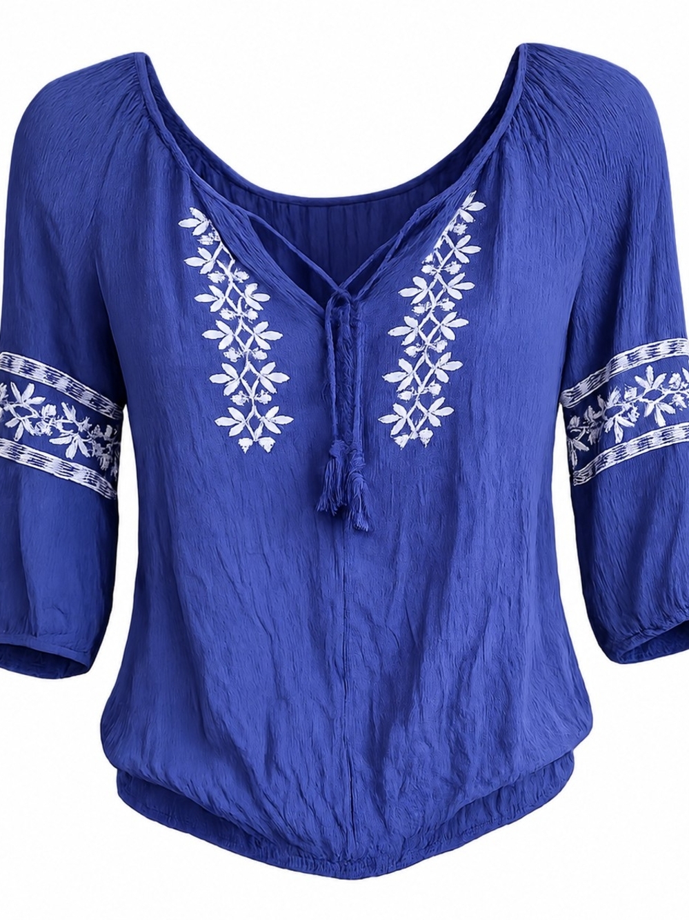 Unique Spectrum Cobalt Blue Embroidered Tie-Neck Tunic